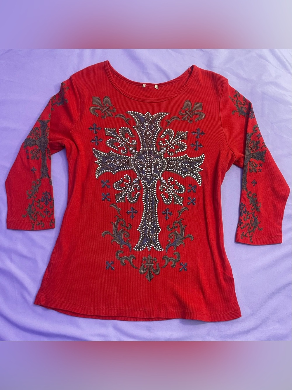 Y2K Affliction style vintage McBling top w cross / rhinestones / filagree
